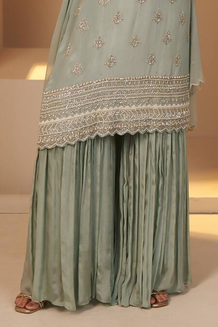 Shop_Baidehi_Blue Chiffon, Georgette Pearls, Sequins, Cut Butti Embroidered Kurta Sharara Set _Online_at_Aza_Fashions