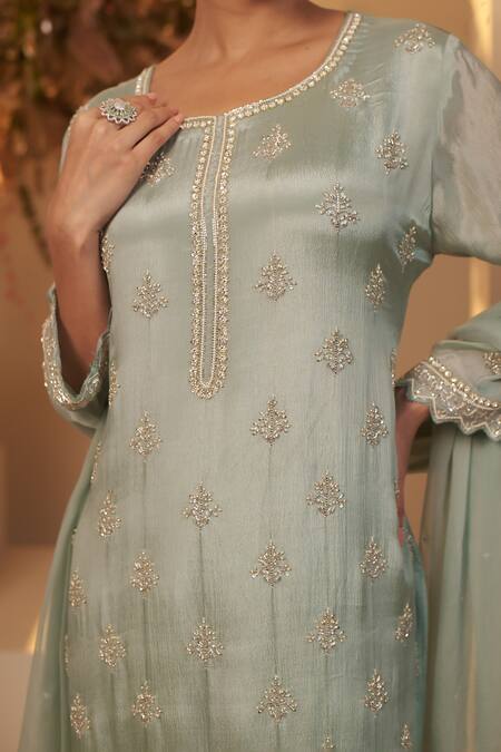 Baidehi_Blue Chiffon, Georgette Pearls, Sequins, Cut Butti Embroidered Kurta Sharara Set _at_Aza_Fashions