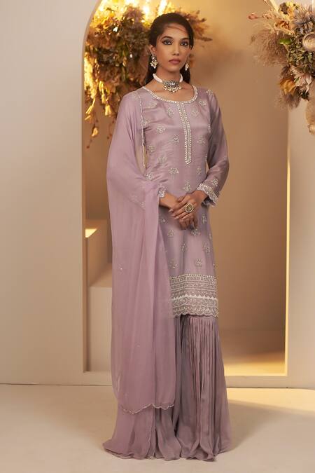 Baidehi_Pink Chiffon, Georgette Sequins, Cut Floral Butti Embroidered Kurta Sharara Set _Online_at_Aza_Fashions