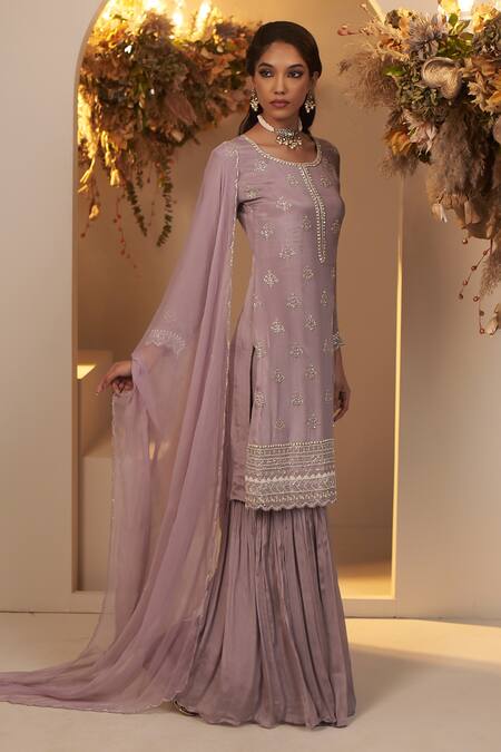 Buy_Baidehi_Pink Chiffon, Georgette Sequins, Cut Floral Butti Embroidered Kurta Sharara Set _Online_at_Aza_Fashions