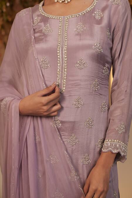 Shop_Baidehi_Pink Chiffon, Georgette Sequins, Cut Floral Butti Embroidered Kurta Sharara Set _Online_at_Aza_Fashions