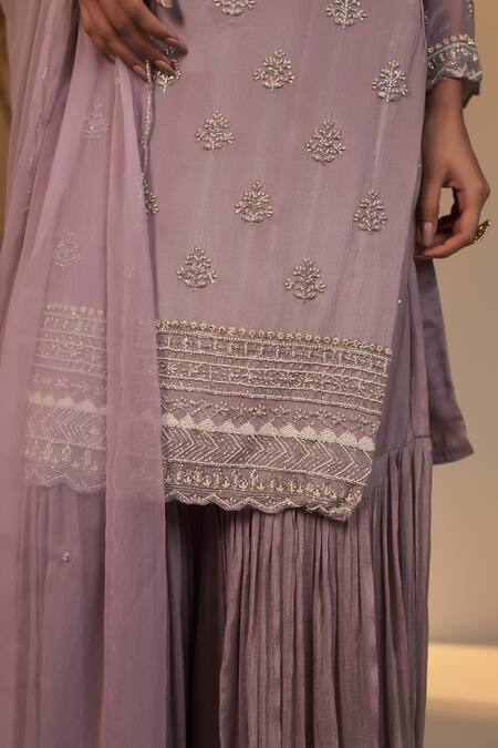 Baidehi_Pink Chiffon, Georgette Sequins, Cut Floral Butti Embroidered Kurta Sharara Set _at_Aza_Fashions