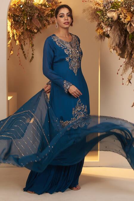 Baidehi Blue Chiffon, Georgette, Organza Cut Ornamental Embroidered Kurta Sharara Set Online at Aza Fashions Baidehi_Blue Chiffon, Georgette, Organza Cut Ornamental Embroidered Kurta Sharara Set _Online_at_Aza_Fashions
