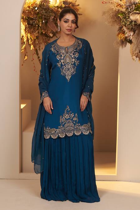 Shop Baidehi Blue Chiffon, Georgette, Organza Cut Ornamental Embroidered Kurta Sharara Set Online at Aza Fashions Shop_Baidehi_Blue Chiffon, Georgette, Organza Cut Ornamental Embroidered Kurta Sharara Set _Online_at_Aza_Fashions