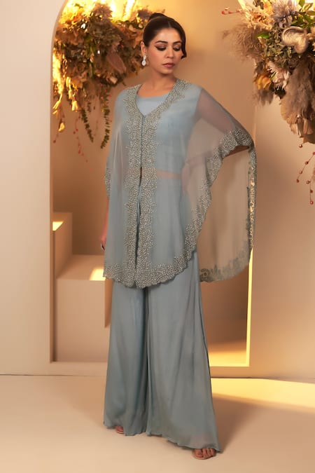 BAIDEHI Pearl Embroidered Cape Palazzo Set 