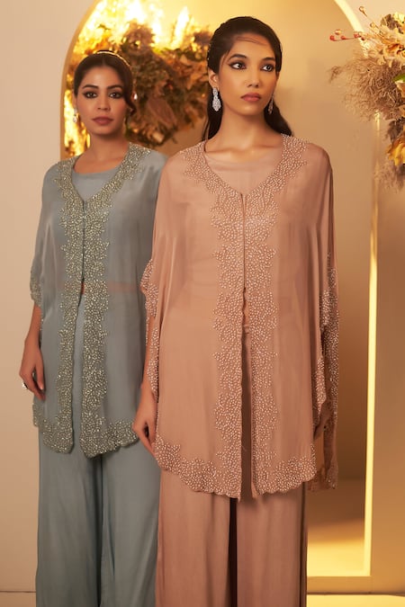 Baidehi Blue Chiffon, Georgette Cut Work, Pearls V-neck Embroidered Cape Palazzo Set Online at Aza Fashions Baidehi_Blue Chiffon, Georgette Cut Work, Pearls V-neck Embroidered Cape Palazzo Set _Online_at_Aza_Fashions