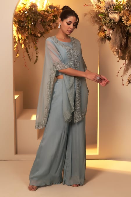Buy Baidehi Blue Chiffon, Georgette Cut Work, Pearls V-neck Embroidered Cape Palazzo Set Online at Aza Fashions Buy_Baidehi_Blue Chiffon, Georgette Cut Work, Pearls V-neck Embroidered Cape Palazzo Set _Online_at_Aza_Fashions