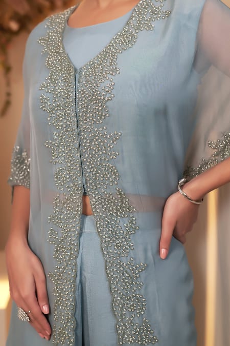 Shop Baidehi Blue Chiffon, Georgette Cut Work, Pearls V-neck Embroidered Cape Palazzo Set Online at Aza Fashions Shop_Baidehi_Blue Chiffon, Georgette Cut Work, Pearls V-neck Embroidered Cape Palazzo Set _Online_at_Aza_Fashions
