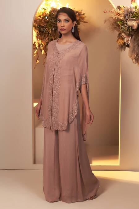 Buy_Baidehi_Pink Chiffon Embroidery V-neck Pearl Butti Cape Palazzo Set _Online_at_Aza_Fashions