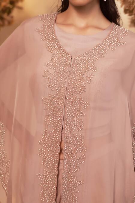 Shop_Baidehi_Pink Chiffon Embroidery V-neck Pearl Butti Cape Palazzo Set _Online_at_Aza_Fashions
