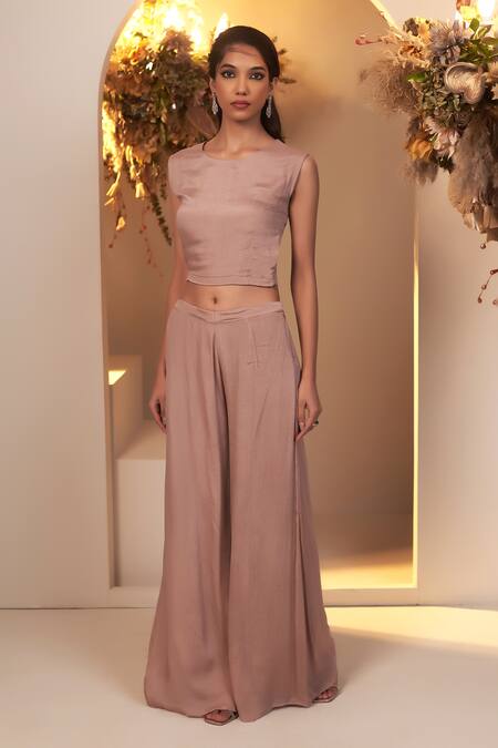 Baidehi_Pink Chiffon Embroidery V-neck Pearl Butti Cape Palazzo Set _at_Aza_Fashions