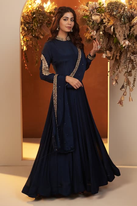 Baidehi_Blue Cotton, Chiffon, Georgette Placement Embroidered Anarkali With Dupatta _Online_at_Aza_Fashions