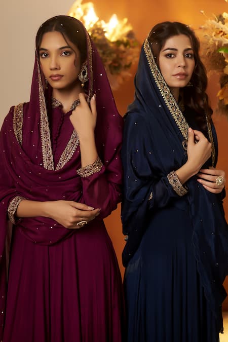 Shop_Baidehi_Blue Cotton, Chiffon, Georgette Placement Embroidered Anarkali With Dupatta _Online_at_Aza_Fashions