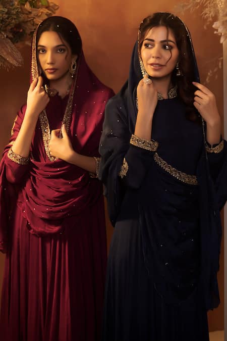 Baidehi_Blue Cotton, Chiffon, Georgette Placement Embroidered Anarkali With Dupatta _at_Aza_Fashions