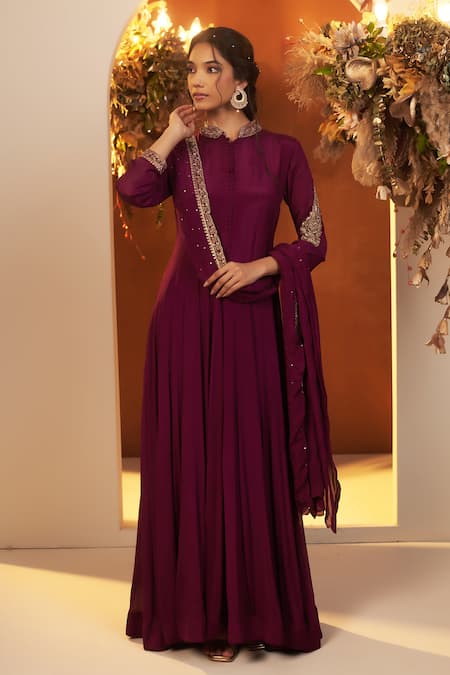 Buy_Baidehi_Purple Cotton, Chiffon Sequins, Zari, Beads Embroidered Anarkali With Dupatta _Online_at_Aza_Fashions
