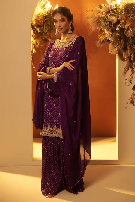 Shop_BAIDEHI_Purple Chiffon, Cotton, Georgette Bandhani Leheriya Print Kurta Sharara Set_at_Aza_Fashions