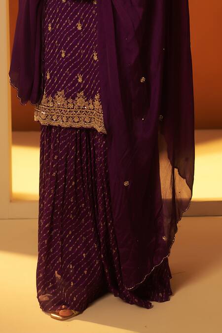 BAIDEHI_Purple Chiffon, Cotton, Georgette Bandhani Leheriya Print Kurta Sharara Set_Online_at_Aza_Fashions