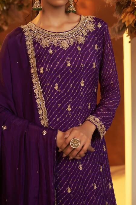 Shop_BAIDEHI_Purple Chiffon, Cotton, Georgette Bandhani Leheriya Print Kurta Sharara Set_Online_at_Aza_Fashions