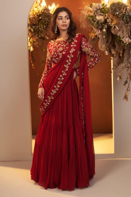 Baidehi_Red Georgette, Cotton Cut Work, Sequins, Pearls Round Rose Motif Saree Gown _Online_at_Aza_Fashions