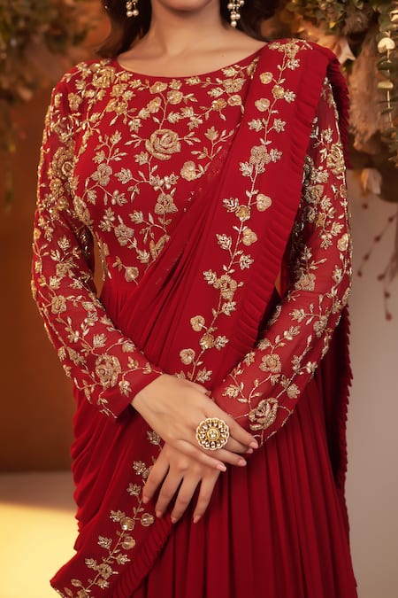 Shop_Baidehi_Red Georgette, Cotton Cut Work, Sequins, Pearls Round Rose Motif Saree Gown _Online_at_Aza_Fashions