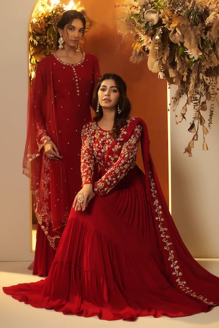 Baidehi_Red Georgette, Cotton Cut Work, Sequins, Pearls Round Rose Motif Saree Gown _at_Aza_Fashions