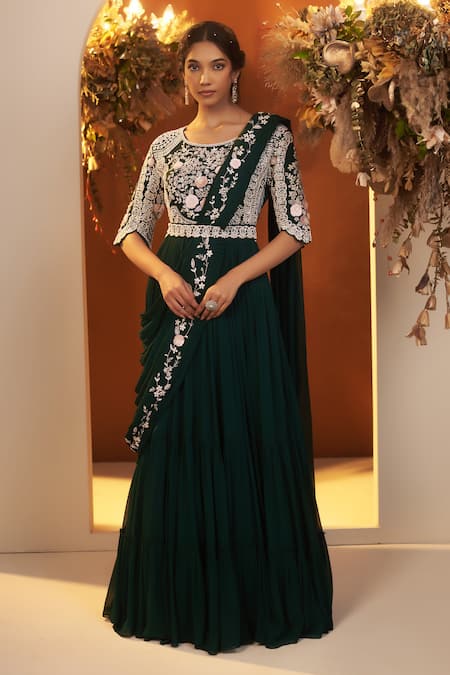 BAIDEHI Emerald Green Embroidered Tiered Saree Gown 