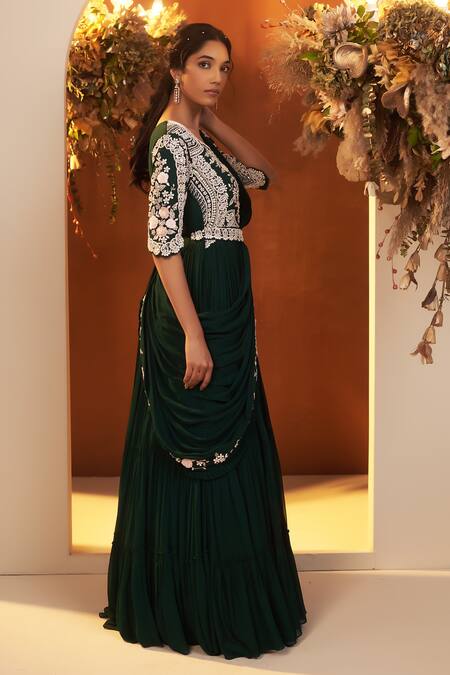 Baidehi Green Georgette, Cotton Sequins, Embroidery Round Emerald Tiered Saree Gown Online at Aza Fashions Baidehi_Green Georgette, Cotton Sequins, Embroidery Round Emerald Tiered Saree Gown _Online_at_Aza_Fashions
