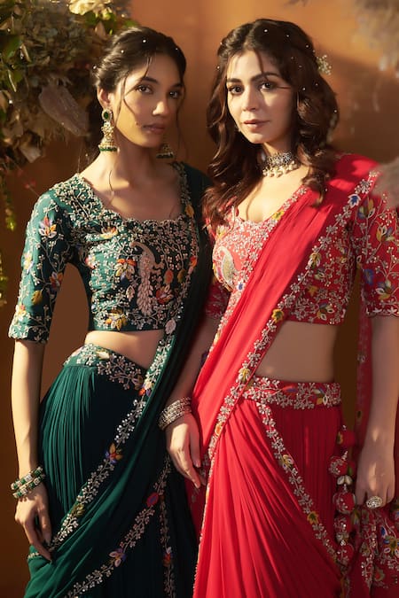 Baidehi_Red Silk Embroidery, Diamonds Scoop Neck Resham Hem Lehenga Saree With Blouse _Online_at_Aza_Fashions