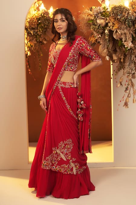 Buy_Baidehi_Red Silk Embroidery, Diamonds Scoop Neck Resham Hem Lehenga Saree With Blouse _Online_at_Aza_Fashions