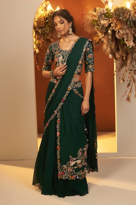 BAIDEHI Green Blouse Bamber Silk Embroidered Resham Scallop Lehenga Saree With 