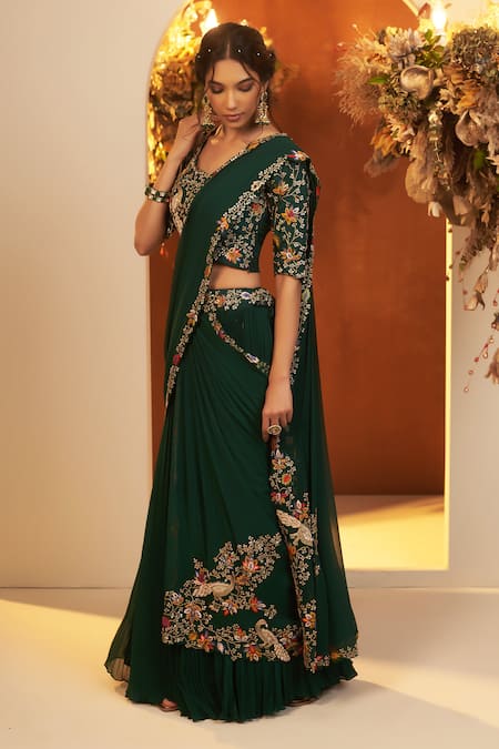Buy_Baidehi_Green Georgette, Bamboo Embroidery Scoop Neck Resham Lehenga Saree With Blouse _Online_at_Aza_Fashions