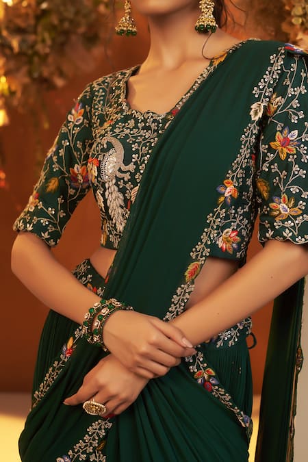 Shop_Baidehi_Green Georgette, Bamboo Embroidery Scoop Neck Resham Lehenga Saree With Blouse _Online_at_Aza_Fashions