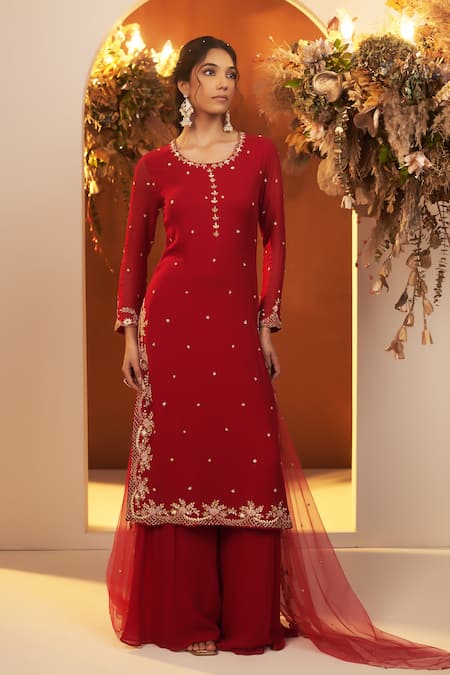 Baidehi_Red Georgette, Cotton, Net Cut Work, Embroidery, Sequins, Zari Kurta Sharara Set _Online_at_Aza_Fashions