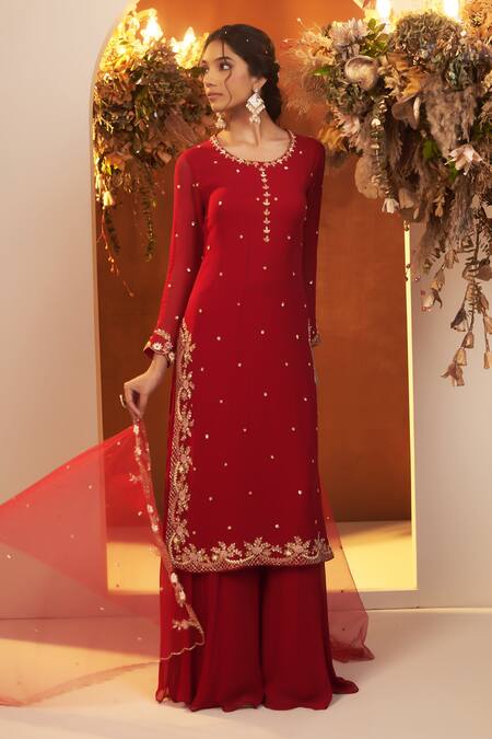 Buy_Baidehi_Red Georgette, Cotton, Net Cut Work, Embroidery, Sequins, Zari Kurta Sharara Set _Online_at_Aza_Fashions