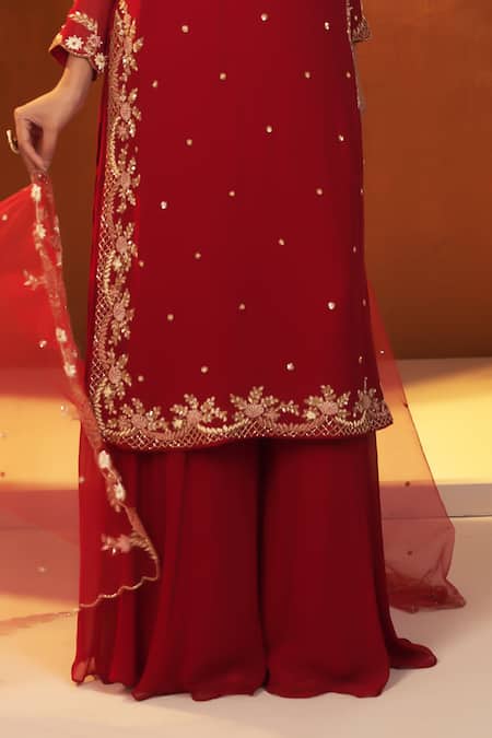 Shop_Baidehi_Red Georgette, Cotton, Net Cut Work, Embroidery, Sequins, Zari Kurta Sharara Set _Online_at_Aza_Fashions