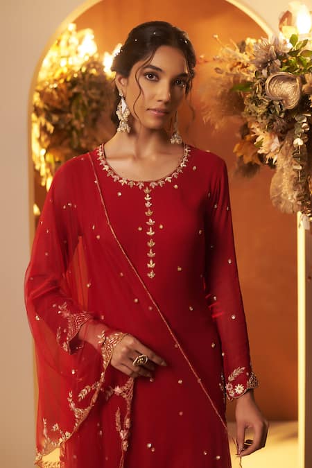 Baidehi_Red Georgette, Cotton, Net Cut Work, Embroidery, Sequins, Zari Kurta Sharara Set _at_Aza_Fashions