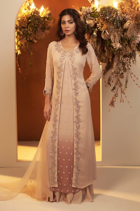 BAIDEHI Beige Kurta And Palazzo Georgette Embroidered Cutdana Round Attached Jacket Set 