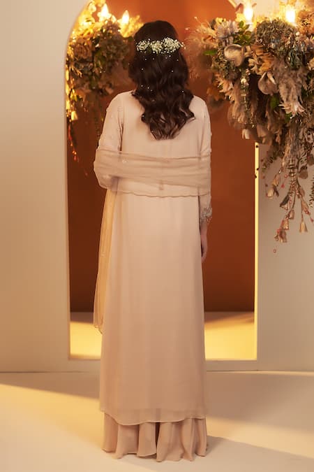 Shop_Baidehi_Beige Georgette, Cotton, Net Cut Work, Pearls, Attached Jacket Kurta Palazzo Set _at_Aza_Fashions