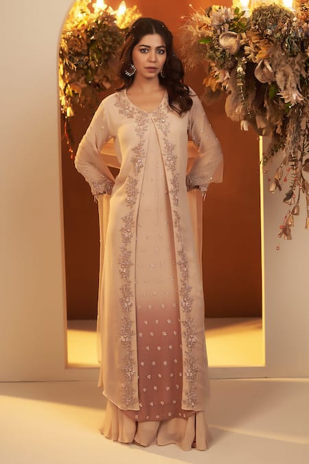 Baidehi_Beige Georgette, Cotton, Net Cut Work, Pearls, Attached Jacket Kurta Palazzo Set _Online_at_Aza_Fashions