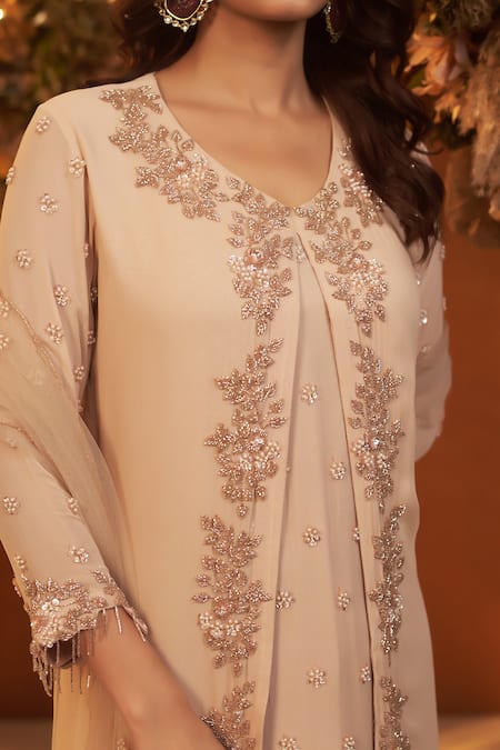 Buy_Baidehi_Beige Georgette, Cotton, Net Cut Work, Pearls, Attached Jacket Kurta Palazzo Set _Online_at_Aza_Fashions