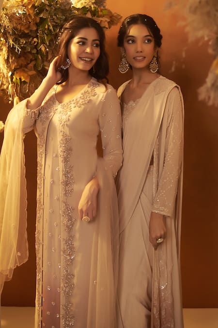 Baidehi_Beige Georgette, Cotton, Net Cut Work, Pearls, Attached Jacket Kurta Palazzo Set _at_Aza_Fashions