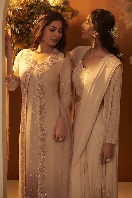 Baidehi_Beige Georgette, Bamboo, Organza Placement Pre-draped Saree Set With Jacket _Online_at_Aza_Fashions