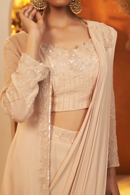 Baidehi_Beige Georgette, Bamboo, Organza Placement Pre-draped Saree Set With Jacket _at_Aza_Fashions