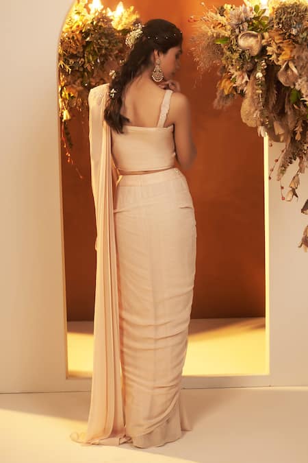 Buy_Baidehi_Beige Georgette, Bamboo, Organza Placement Pre-draped Saree Set With Jacket 