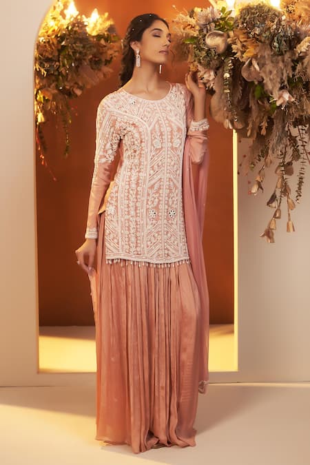 BAIDEHI Pink Kurta And Sharara Chinon Georgette Embroidered Bead Round Mirror Set 