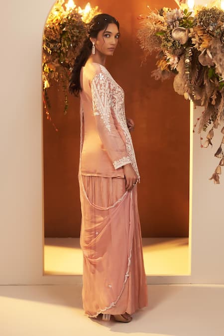 Baidehi_Pink Chiffon, Cotton, Georgette Embroidery, Sequins, Beads, Kurta Sharara Set _Online_at_Aza_Fashions