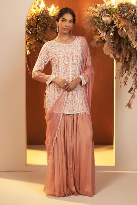Buy_Baidehi_Pink Chiffon, Cotton, Georgette Embroidery, Sequins, Beads, Kurta Sharara Set _Online_at_Aza_Fashions
