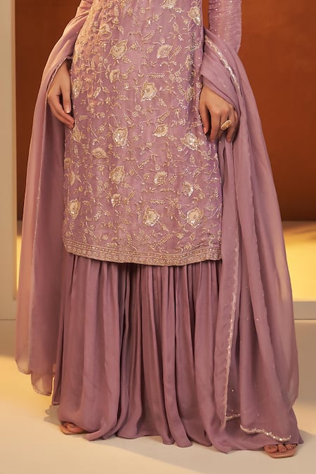 Baidehi_Purple Tissue, Silk, Georgette, Organza Sequins, Embroidered Kurta Sharara Set _Online_at_Aza_Fashions