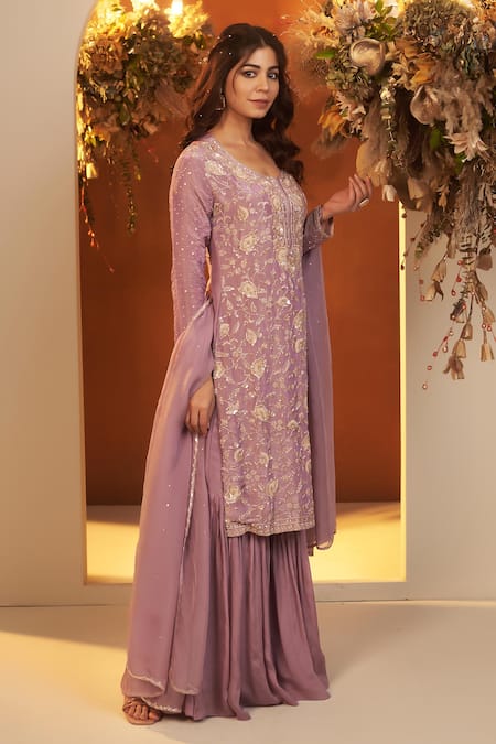 Buy_Baidehi_Purple Tissue, Silk, Georgette, Organza Sequins, Embroidered Kurta Sharara Set _Online_at_Aza_Fashions