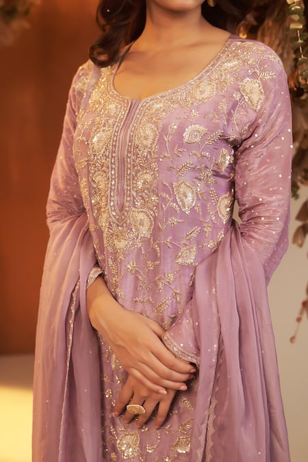 Shop_Baidehi_Purple Tissue, Silk, Georgette, Organza Sequins, Embroidered Kurta Sharara Set _Online_at_Aza_Fashions